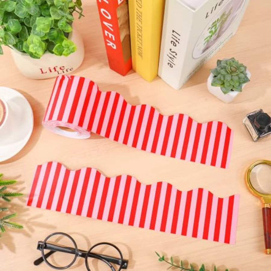 65.6Ft Red Pink Stripe Scalloped Bulletin Board Border Cabana Stripe Die, view 4