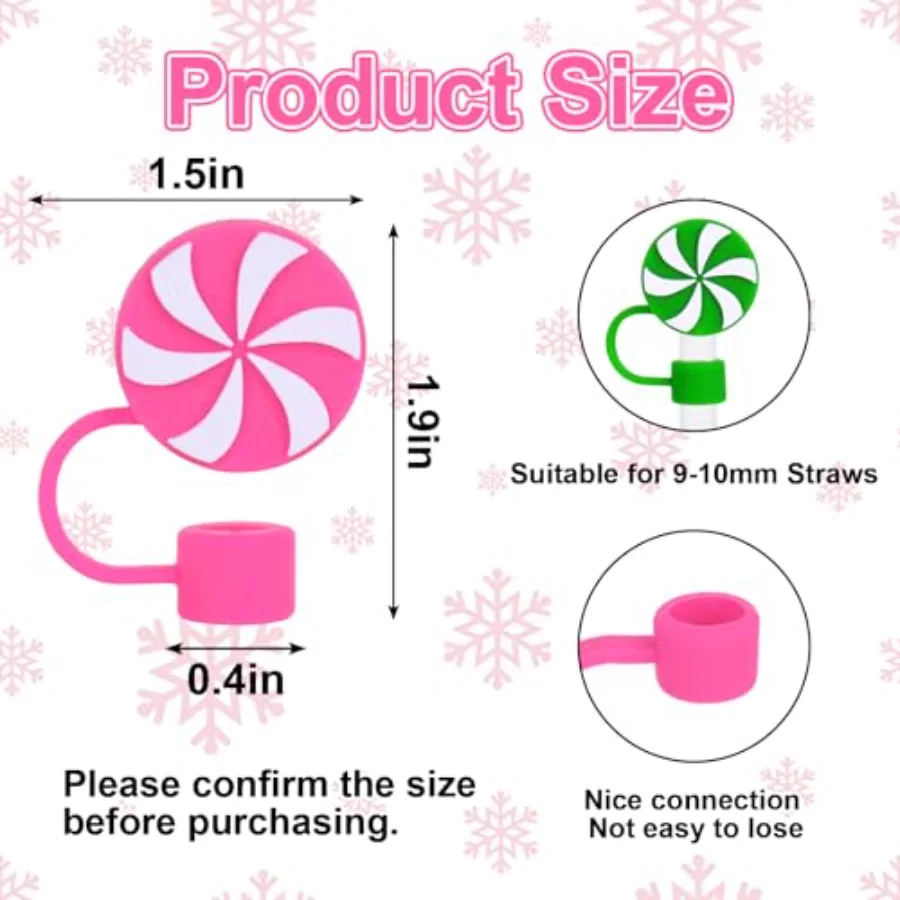 4 Pcs Christmas Straw Cover Cap Peppermint Candy Reusable Silicone Straws, view 2