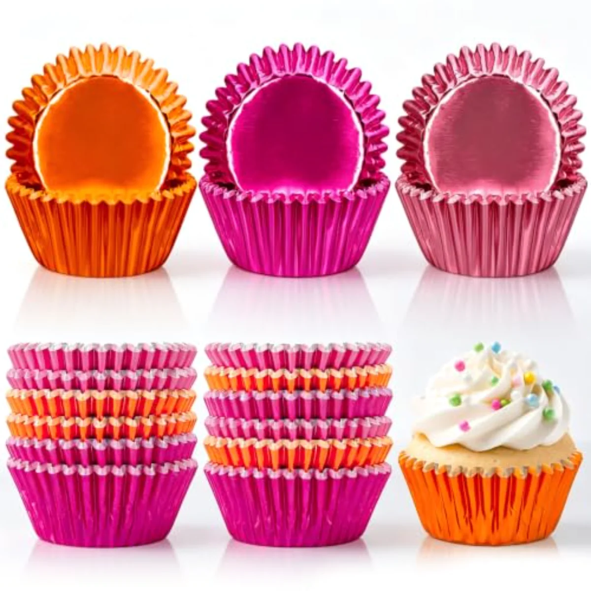 150Pcs Metallic Foil Cupcake Liners Pink Orange Muffin Baking Cups