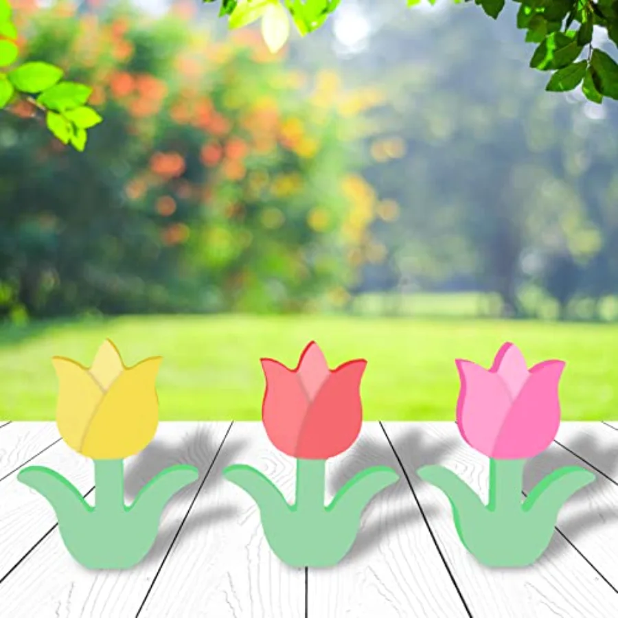 6Pcs Wooden Tulip Spring Table Decoration Unfinished Flower Wood Sign, view 4