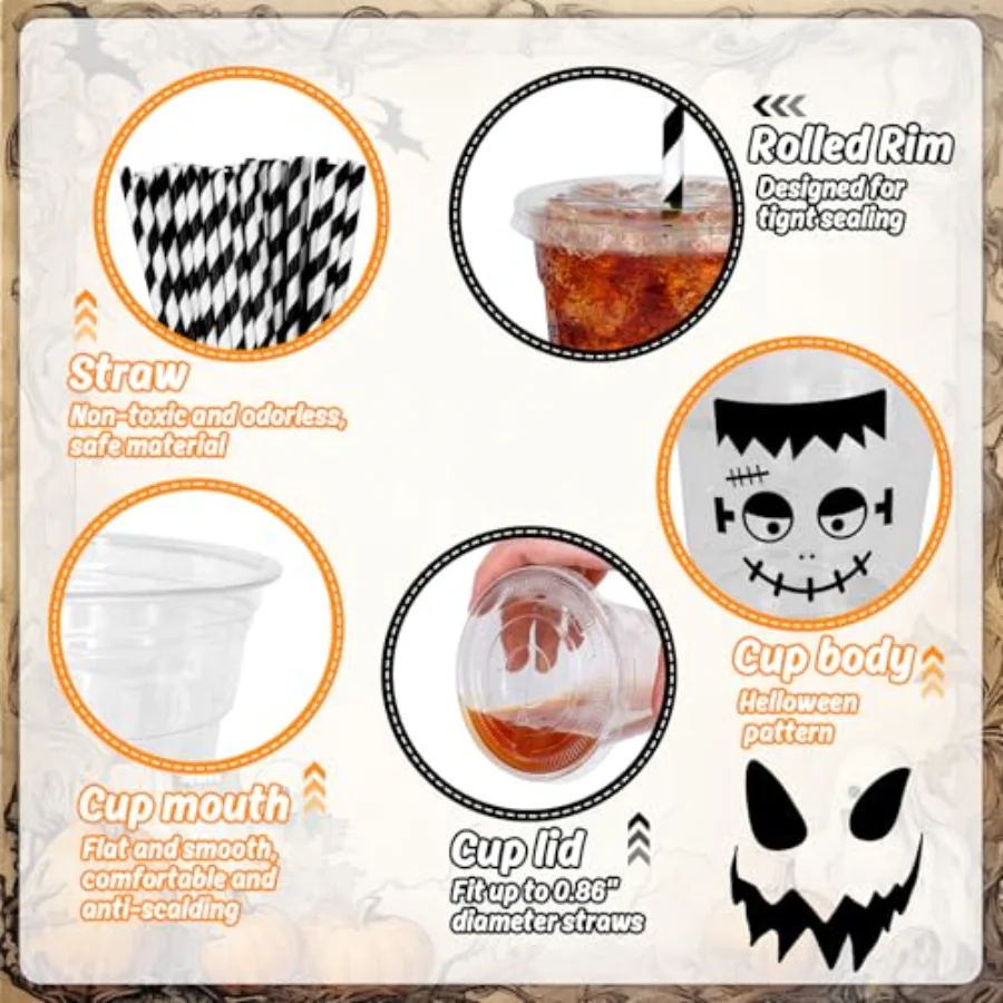 60 Pcs Halloween Disposable Plastic Cups with Lids and Straws 12 oz, view 3