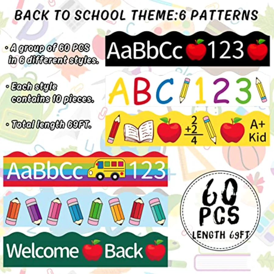 69Ft Back to School Bulletin Board Borders Colorful Pencil Apples Border, view 3