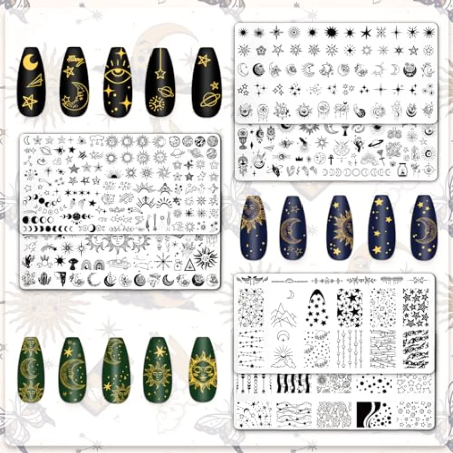 6 Pcs Sun Moon Star Nail Plates Stamping Set, view 3