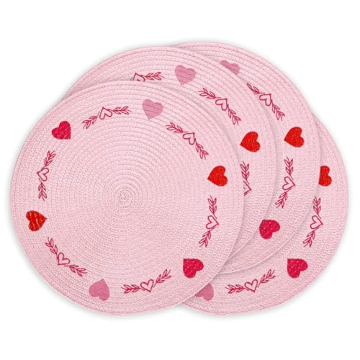 4Pcs Round Valentine Placemats Red Pink Heart Embroidered Place Mats