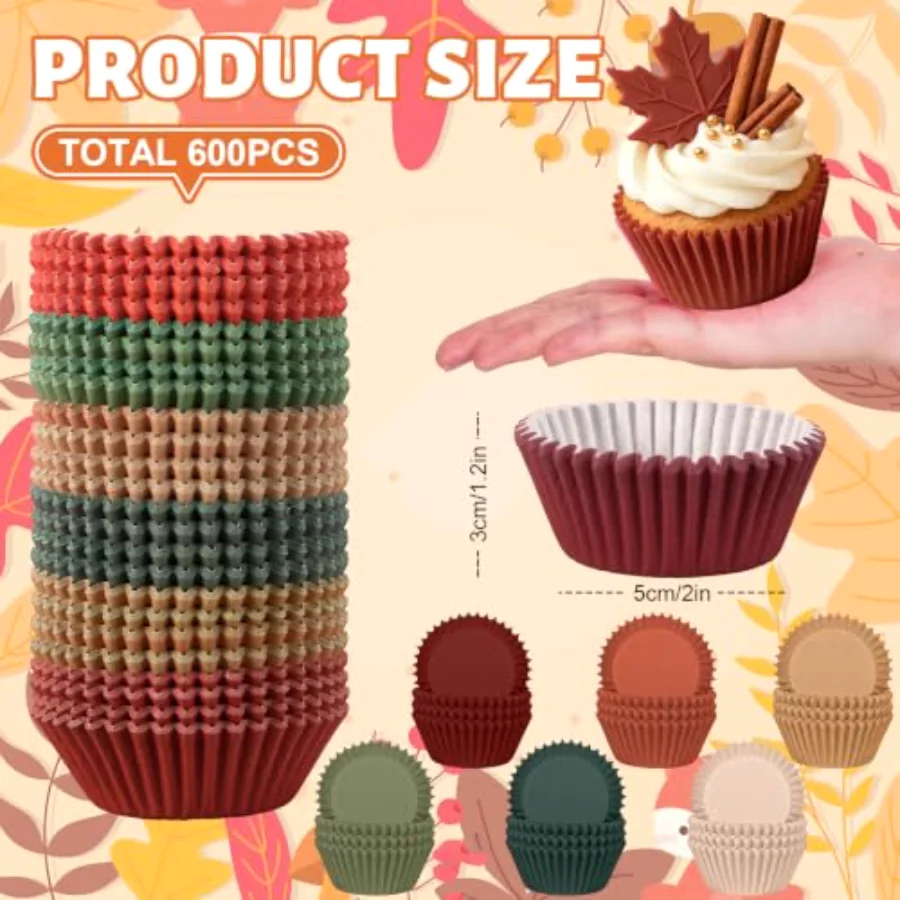 600 Pcs Autumn Cupcake Liners Warm Fall Paper Baking Cups Wedding Colors, view 2