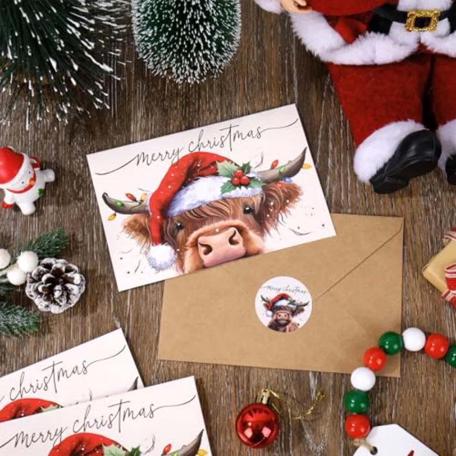 36Pcs Christmas Highland Cow Thank You Cards Xmas Hat Brown Cow Note Cards, view 3
