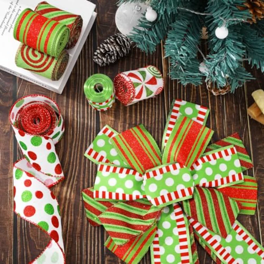 Christmas Ribbons 36 Yards Dot Stripe Candy Wired Edge Ribbon Red Green, view 4