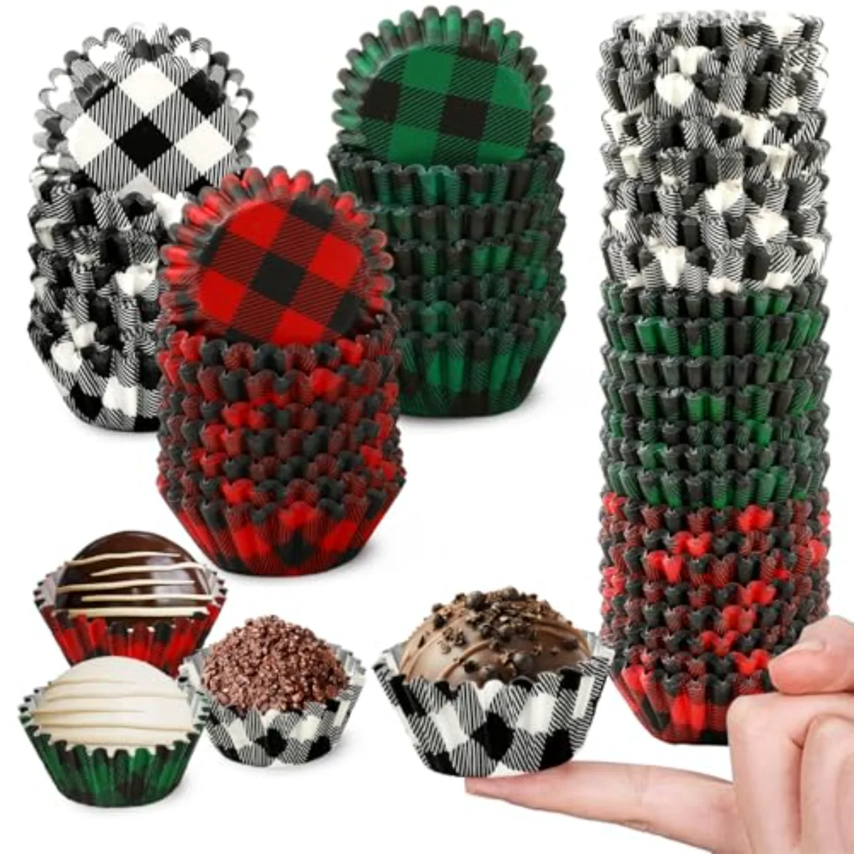 600Pcs Christmas Cupcake Wrappers 3 Colors Buffalo Plaid Cupcake Liners