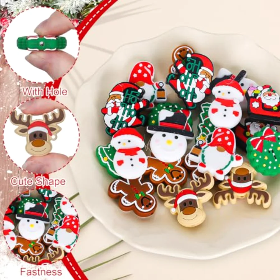 20Pcs Christmas Silicone Focal Beads Cartoon Santa Snowman Shape Polygonal, view 3