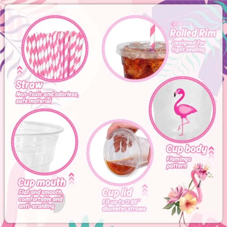 50Pcs Flamingo Disposable Plastic Cups with Lids and Straws 12 Oz Pink, view 3