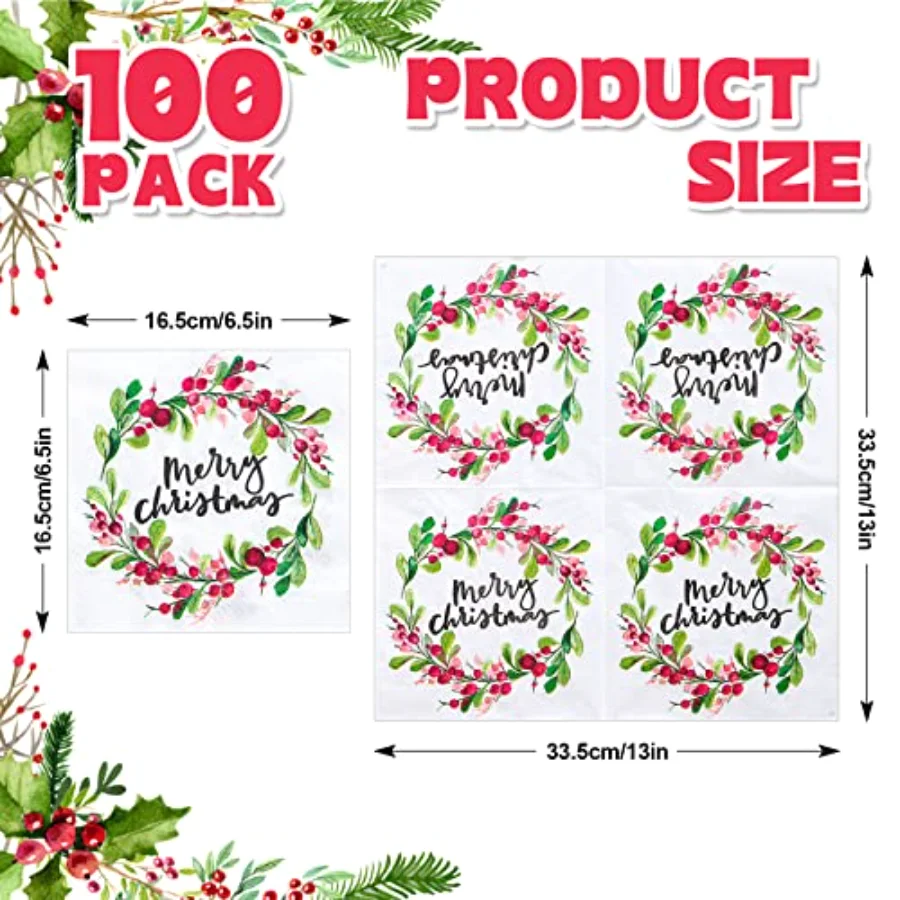 100 Pack Merry Christmas Paper Napkins Watercolor Style Wreath Pattern, view 2