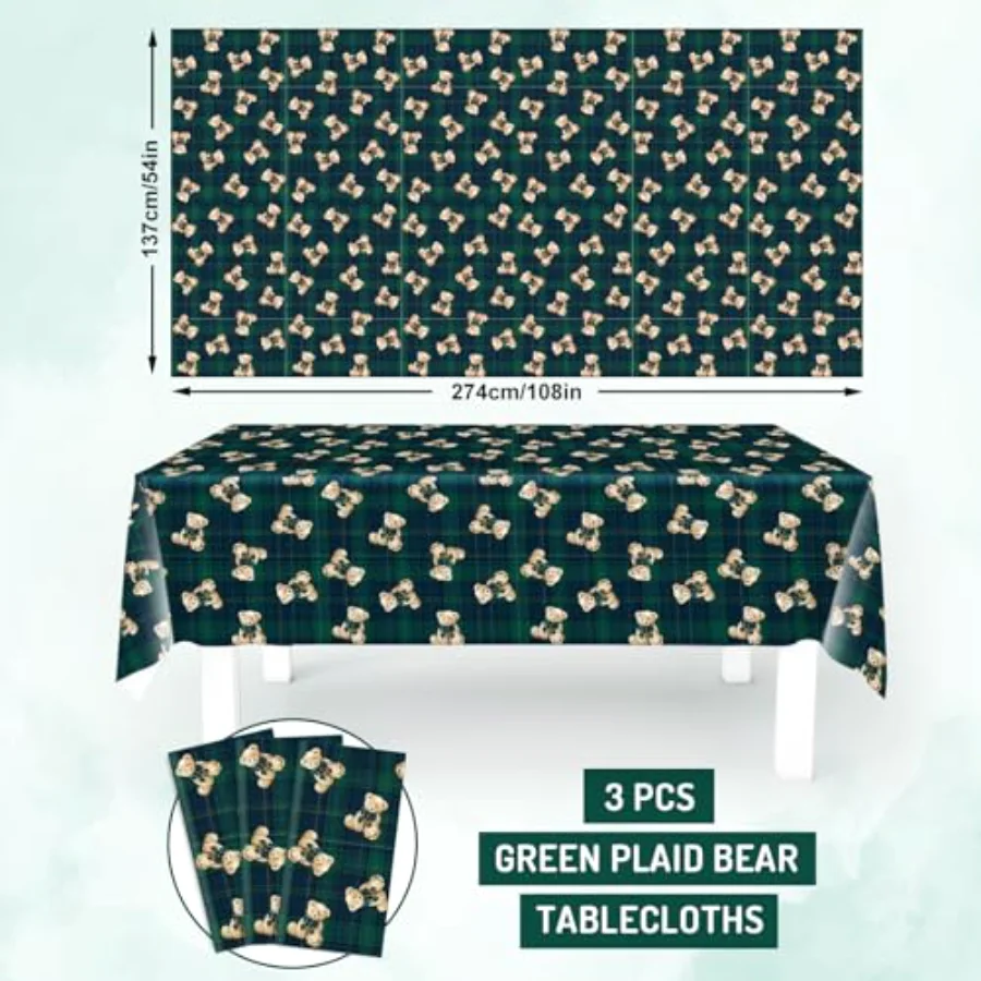3Pcs Tartan Bear Plastic Tablecloth We Can Bearly Wait Baby Shower, view 2