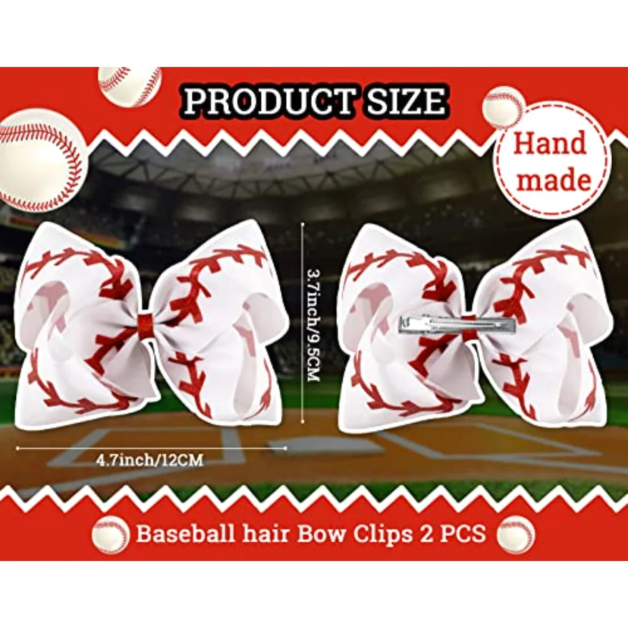 2Pcs Baseball Glitter Hair Bow Clips Red and White Baseball Cheer, view 2