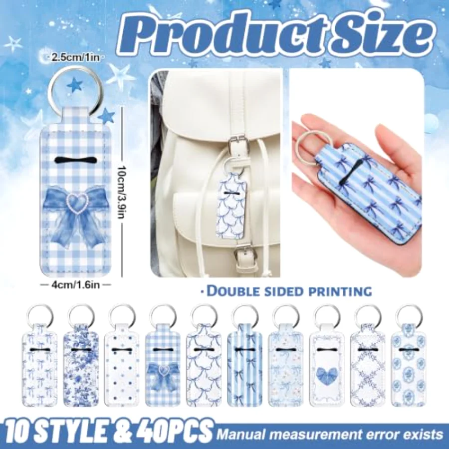 40Pcs Coquette Bow Lipstick Holder Keychain Blue Bow Pocket Lip Balm, view 2