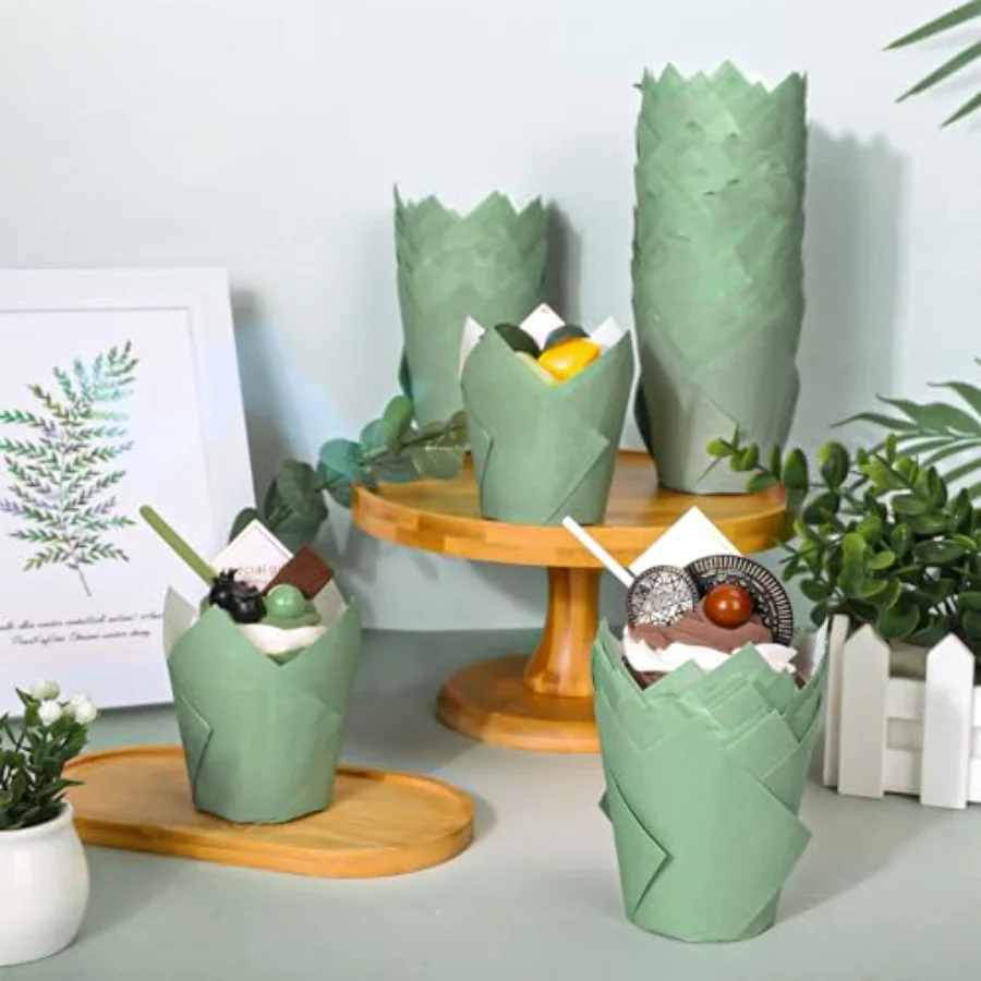 200Pcs Sage Green Tulip Cupcake Liners Green Muffin Baking Liners Tulip, view 4