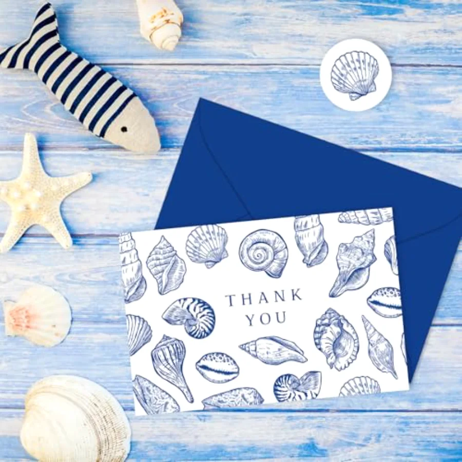 24 Pack Ocean Thank You Cards Blue Sea Shell Greeting Cards with Envelopes, view 4