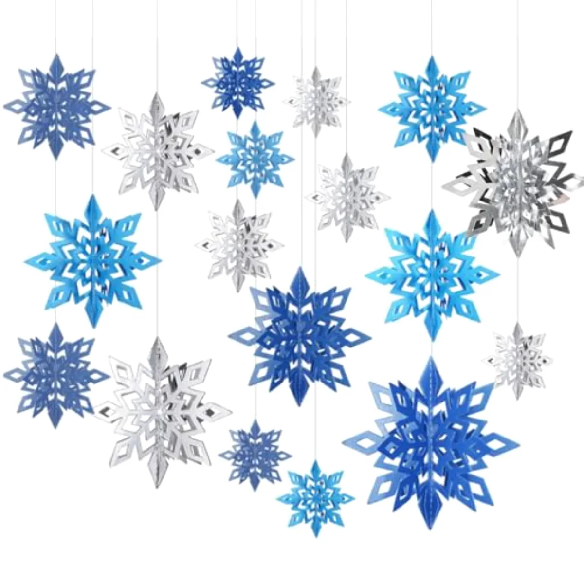 18Pcs Christmas Hanging Decorations Blue Silver 3D Snowflake Paper Hanging