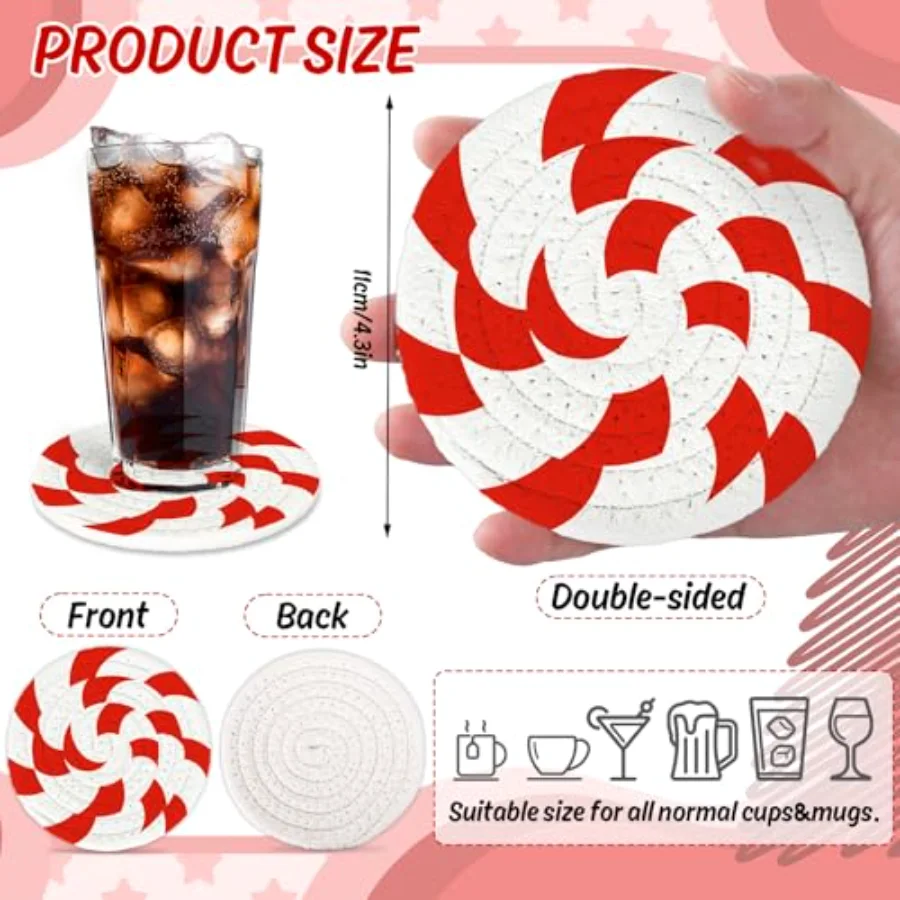 Christmas Candy Cotton Coasters Red White Peppermint Handmade Braided, view 2