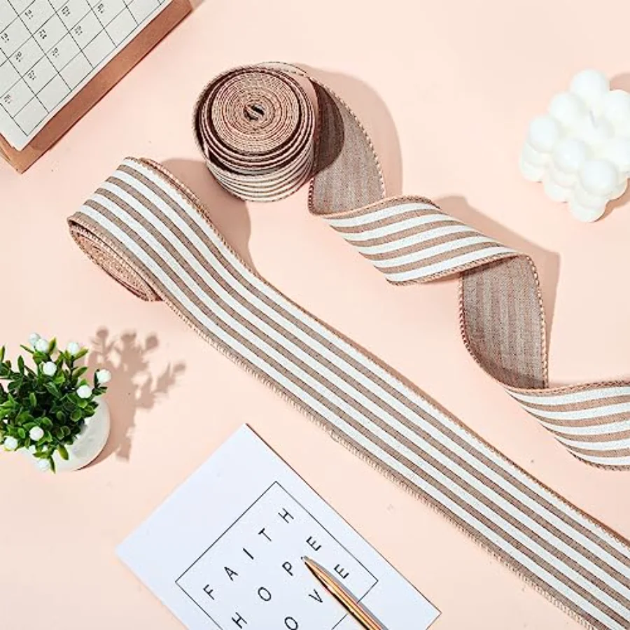 20 Yards Striped Wired Edge Ribbon White Natural Color Stripe Craft Ribbon, view 4