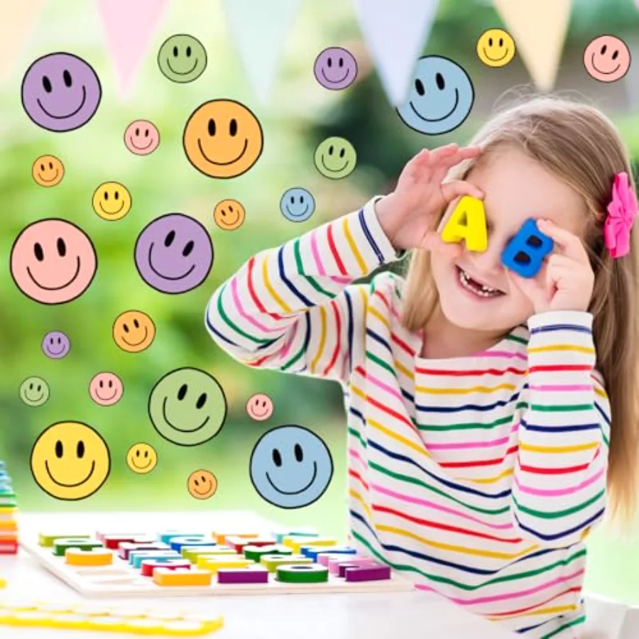 9 Sheet Smile Face Window Clings Happy Face Window Decals Boho Pastel, view 3