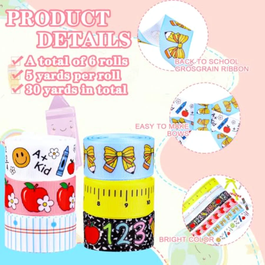 6 Rolls Back to School Grosgrain Ribbons 7/8" 30 Yards Fabric Craft Ribbon, view 3
