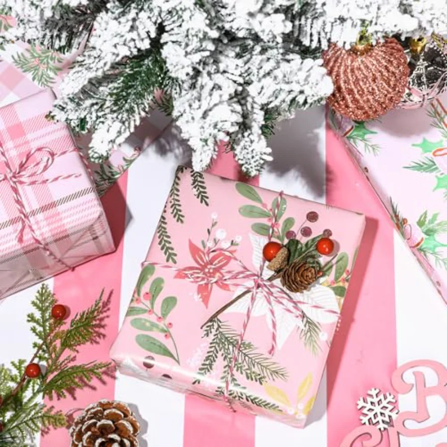 Christmas Floral Wrapping Paper Pink Christmas Tree Bow Gift Wrap Paper, view 4