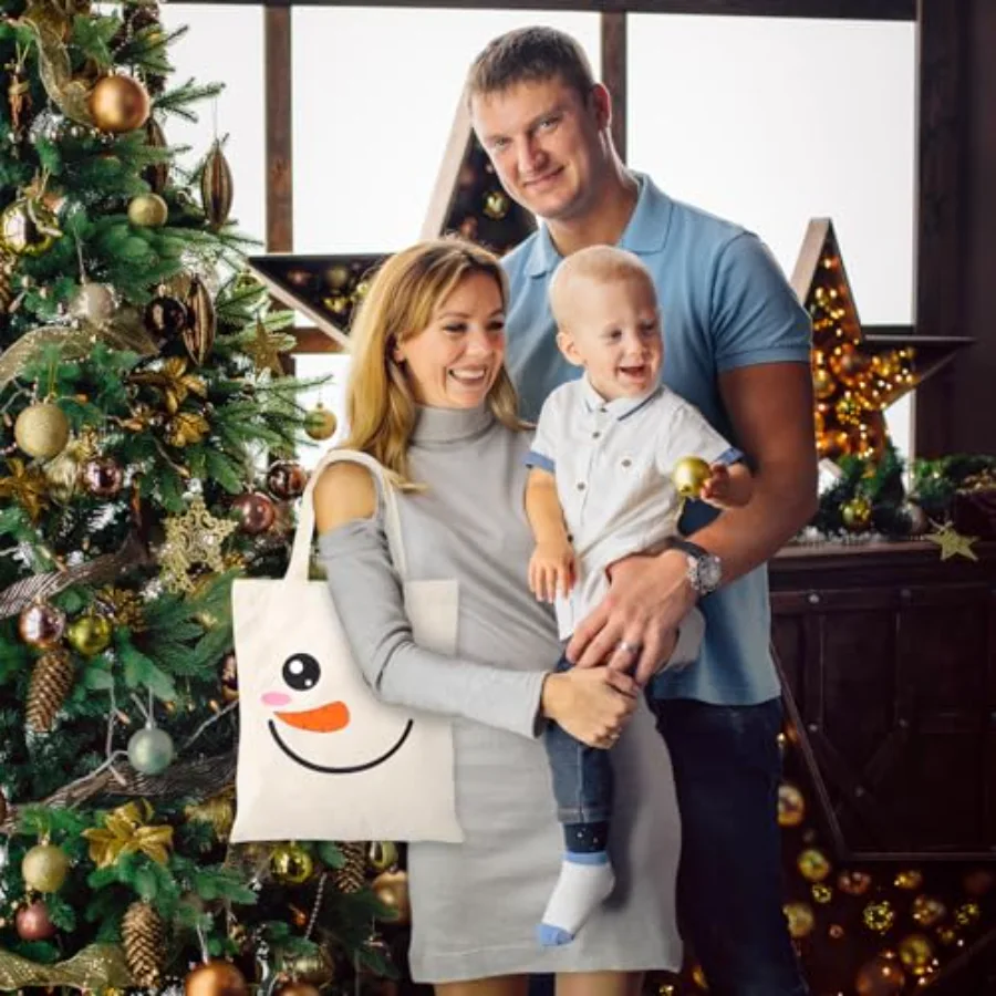 Christmas Canvas Tote Bags Cute Snowman Face Grocery Shopping Bag Xmas, view 2