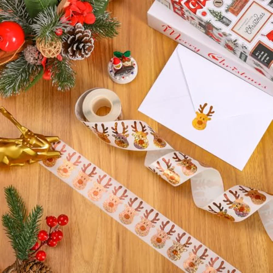 Christmas Deer Stickers Roll Holographic Reindeer Seal Stickers Sparkly, view 3