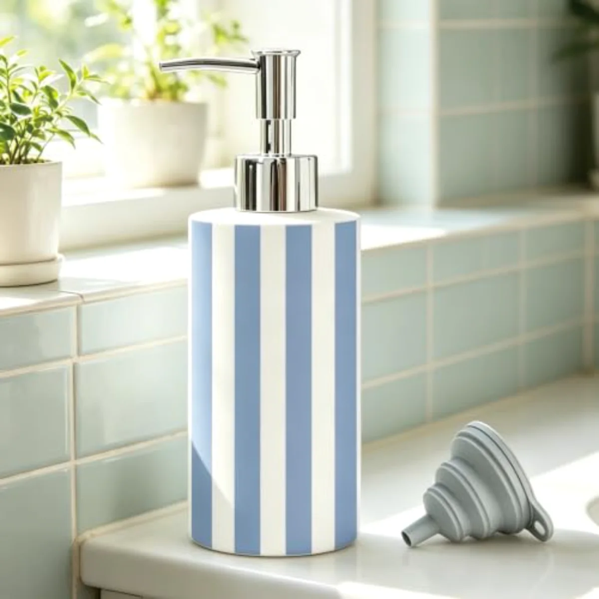 1 Pc Stripe Soap Dispenser Glass Blue White Striped Soap Dispenser with