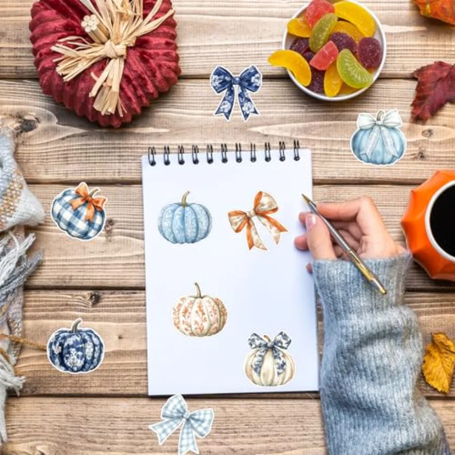 1000Pcs Fall Sticker Blue Orange Chinoiserie Pumpkin Bow Self Adhesive, view 4