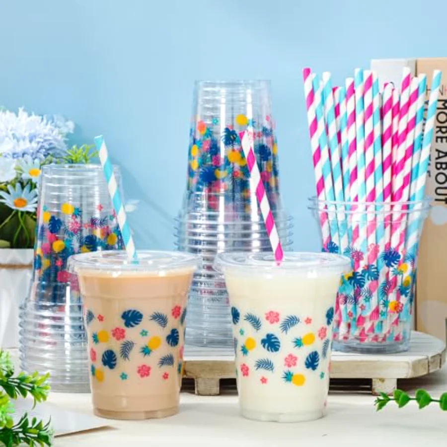 50Pcs Hawaiian Plastic Cups with Lids Straws Blue Pink Cartoon Flower, view 4