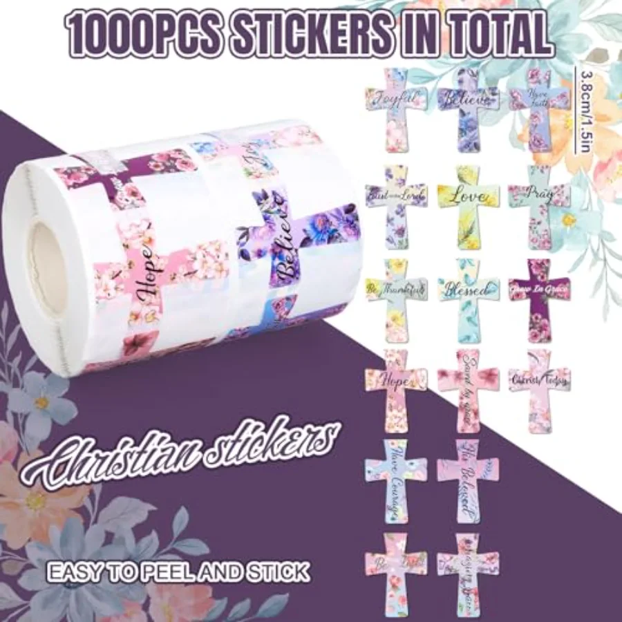 1000 Pcs Easter Stickers Floral Cross Roll Stickers Assorted Bible Verse, view 2