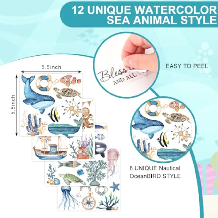 12 Sheets Nautical Ocean Rub On Transfer for Crafts Watercolor Sea Animal, view 2