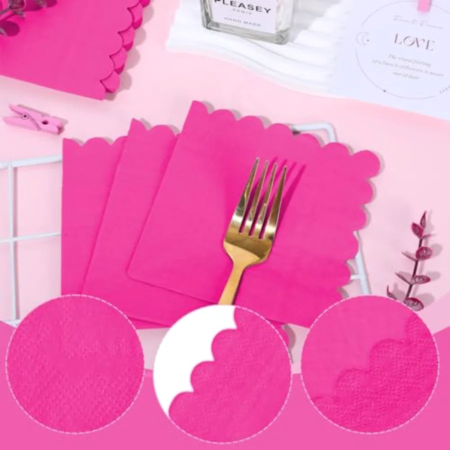 100 Pcs Hot Pink Cocktail Napkins Scalloped Paper Napkin Thick Disposable, view 3