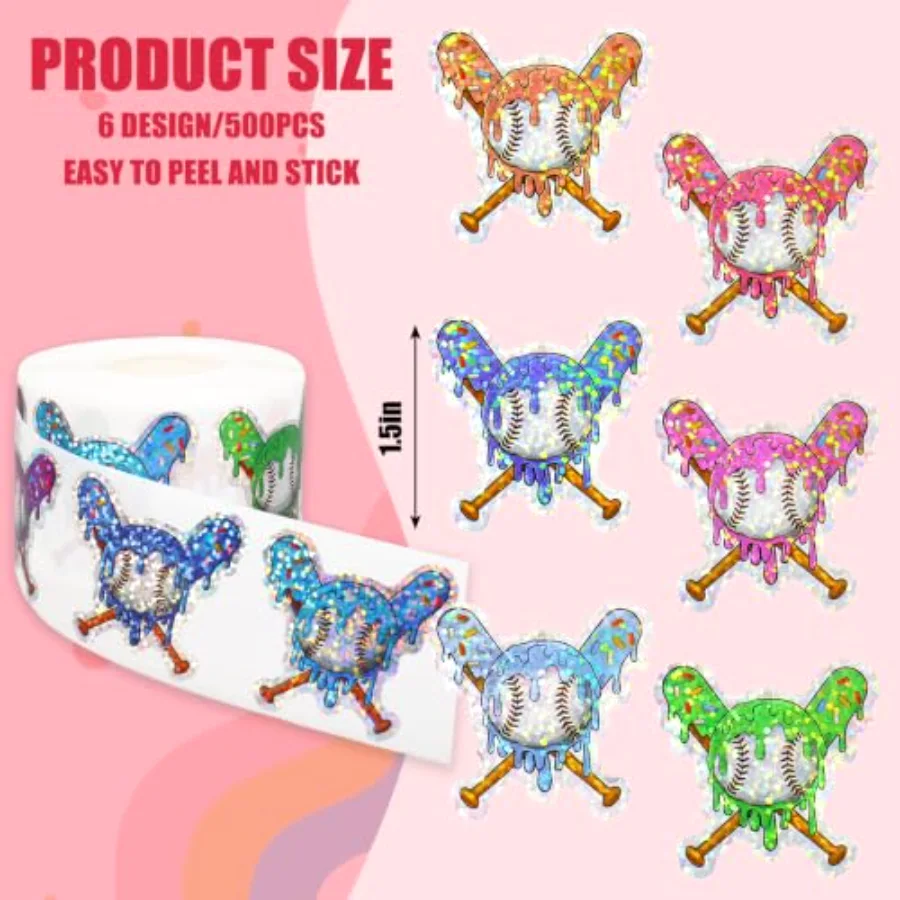 500Pcs Ice Cream Drip Baseball Sticker Roll Holographic Baseball, view 2