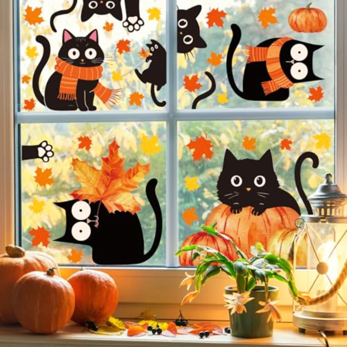 6 Sheets Fall Window Clings Cute Black Cat Pumpkin Maple Leaf Reusable