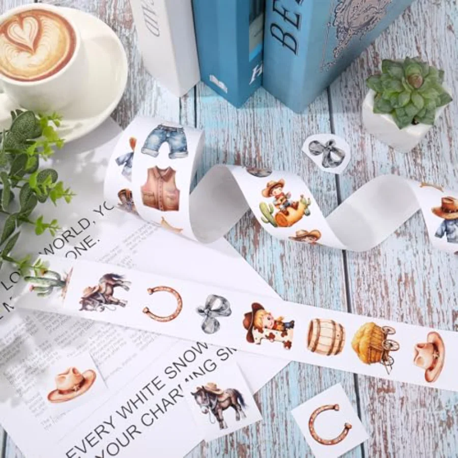 1000Pcs Little Cowboy Sticker Roll Cowboy Hat Boots Horse Cactus Decals 16, view 3