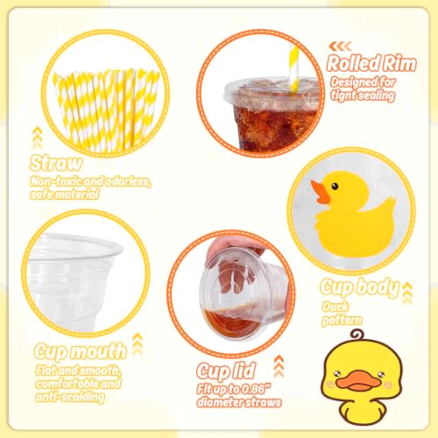 50 Pcs Yellow Duck Plastic Cups with Lids and Straws 12 Oz Cute Duck, view 3
