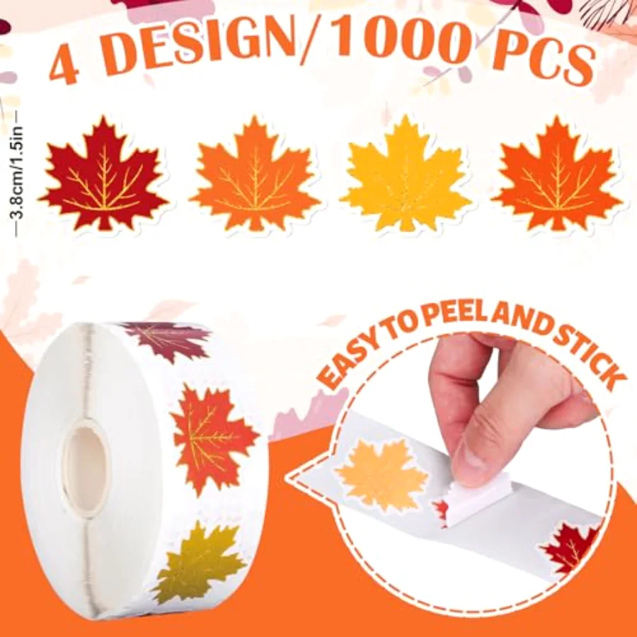 1000 Pcs Fall Thanksgiving Leaves Stickers Roll Gold Rim Maple Leaf, view 2