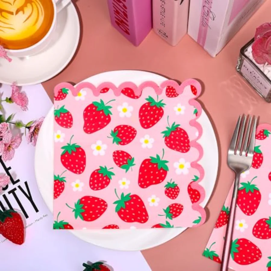 50 Pcs Strawberry Scalloped Paper Napkins Pink Red Strawberry Flower, view 3
