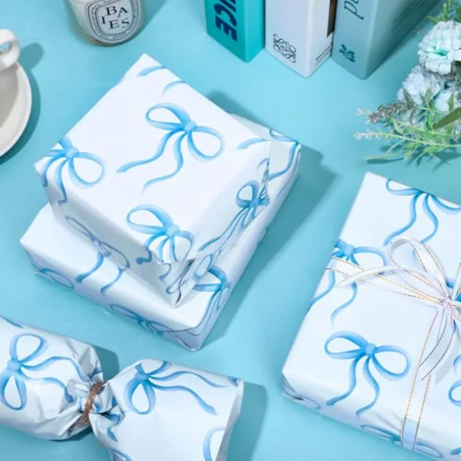 Blue Bow Wrapping Paper -Mini Roll- 17in x 38Ft Bow-knot Gift Wrap Paper, view 4