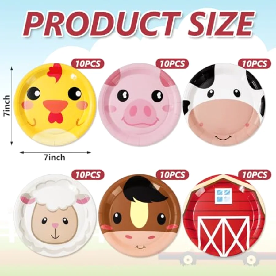 60Pcs Farm Animal Birthday Party Dessert Plates Cock Pig Cow Sheep, view 2