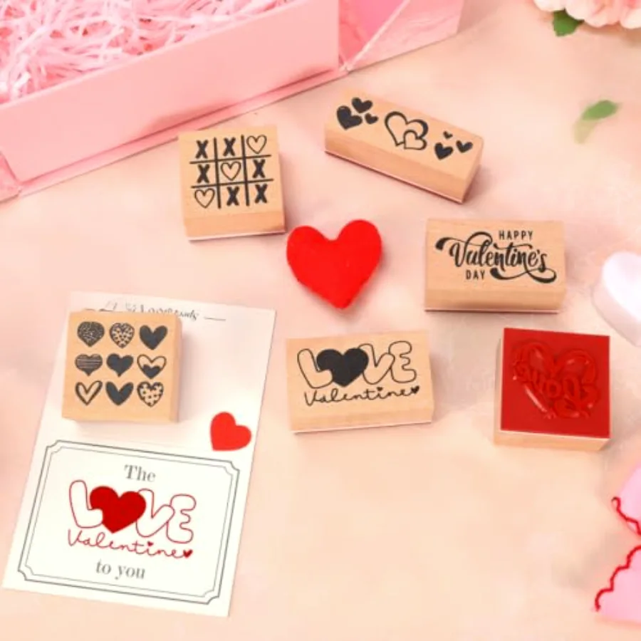 6Pcs Valentine's Day Rubber Stamp Heart Love Wooden Stamps Cute Heart, view 4