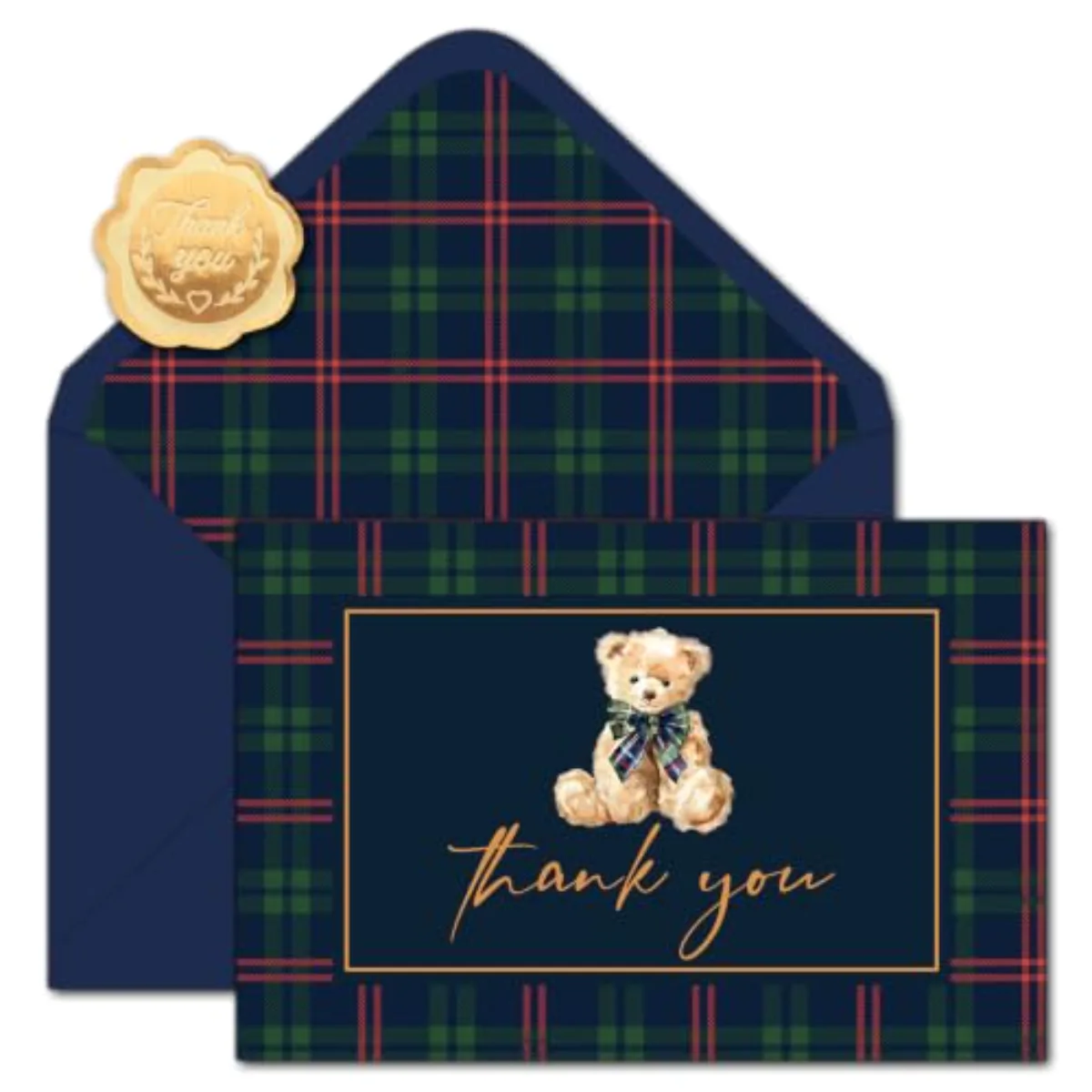 24Pcs Tartan Bear Thank You Cards with Envelope Stickers Vintage Red Blue