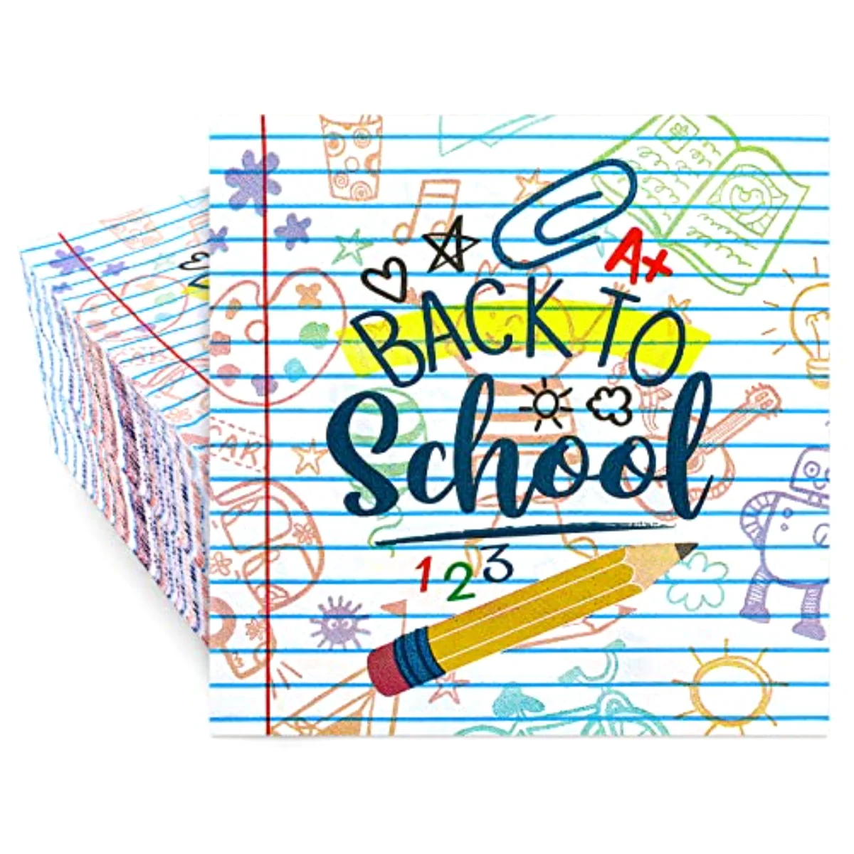 80 Pack Back to School Paper Napkins 6.5 x 6.5 Inch Pencil Homework Prints