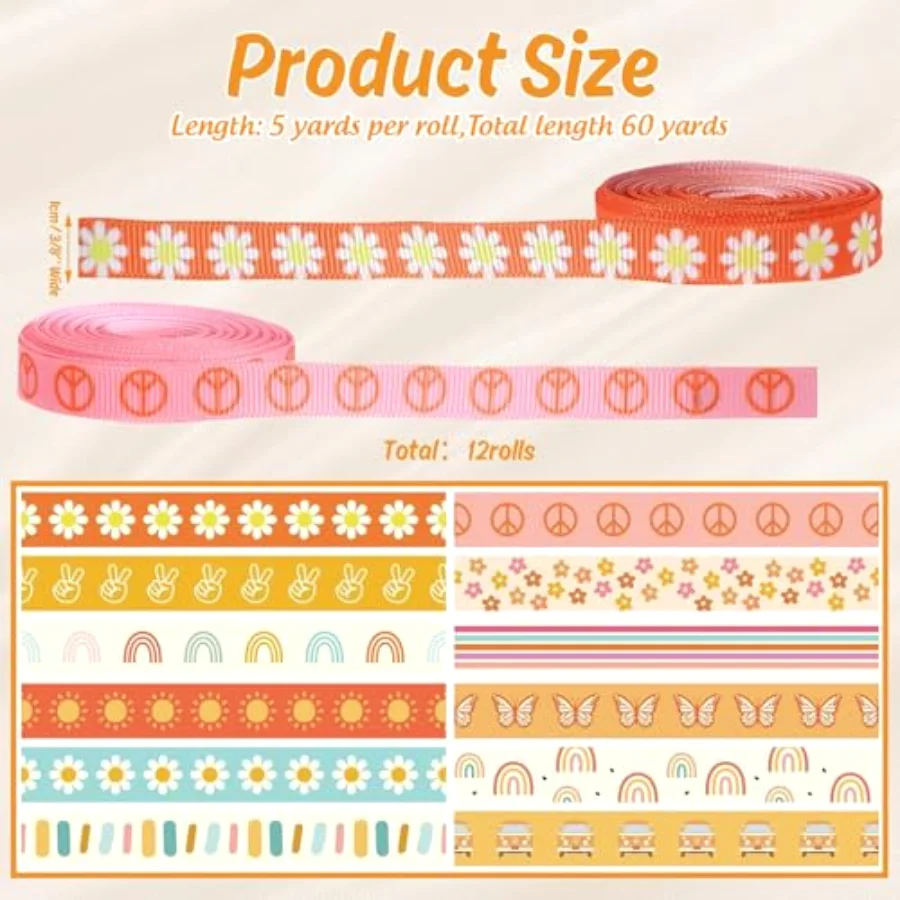 12 Rolls Groovy Retro Hippie Boho Grosgrain Ribbons Rainbow Butterfly, view 2