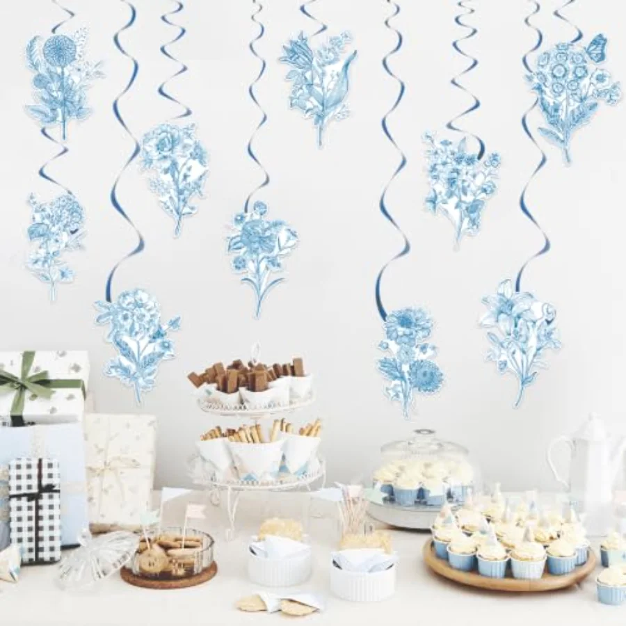 18Pcs Blue Floral Hanging Swirls Chinoiserie Flower Ceiling Spiral, view 3