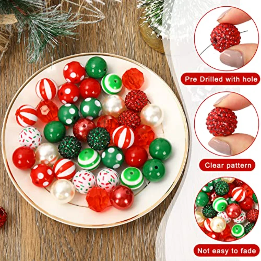 Christmas Bubblegum Beads - 20mm Mixed Chunky Acrylic Spacer Christmas, view 3