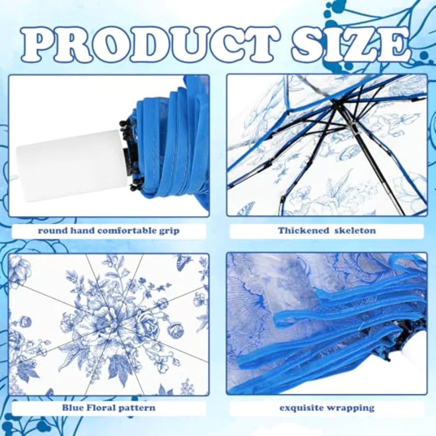 Blue Floral Clear Travel Umbrella Vintage Flower Waterproof Windproof, view 3