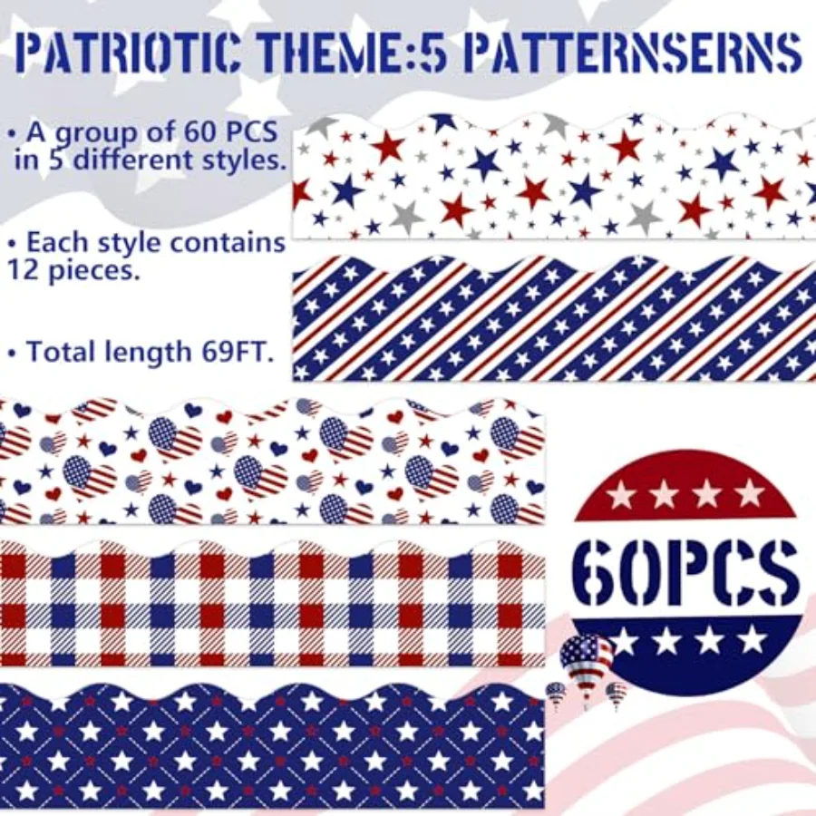 69 Ft Patriotic Bulletin Board Borders Red Blue Star Heart Plaid Bulletin, view 3